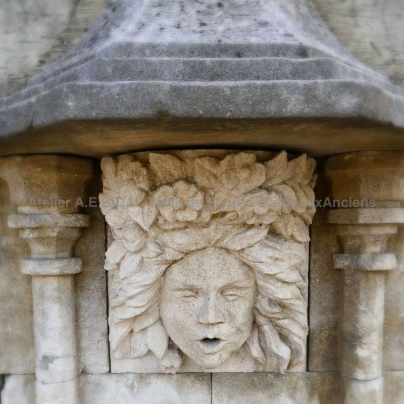 Head of a jellyfish sculpted in stone on a fountain in natural stone by the A E Bidal workshop