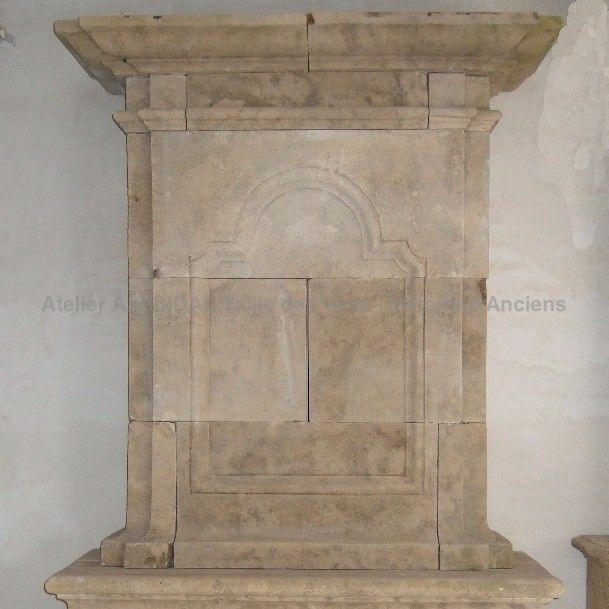Classic French Louis XIII stone mantel with over-mantle crafted in Provence by Alain BIDAL