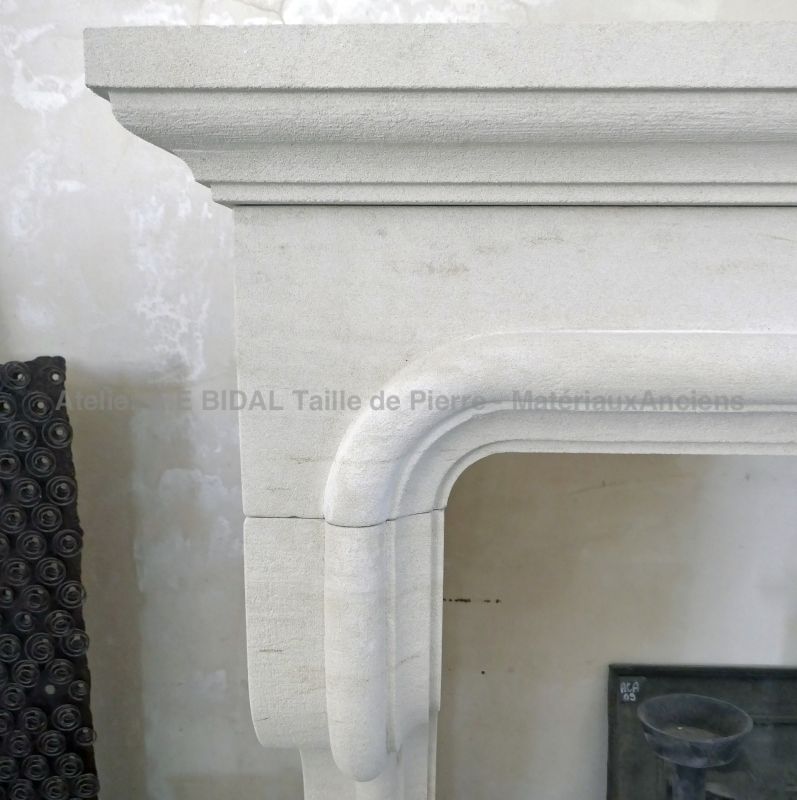 Louis XIII style fireplace in natural limestone handcrafted by Atelier Alain BIDAL, Provence
