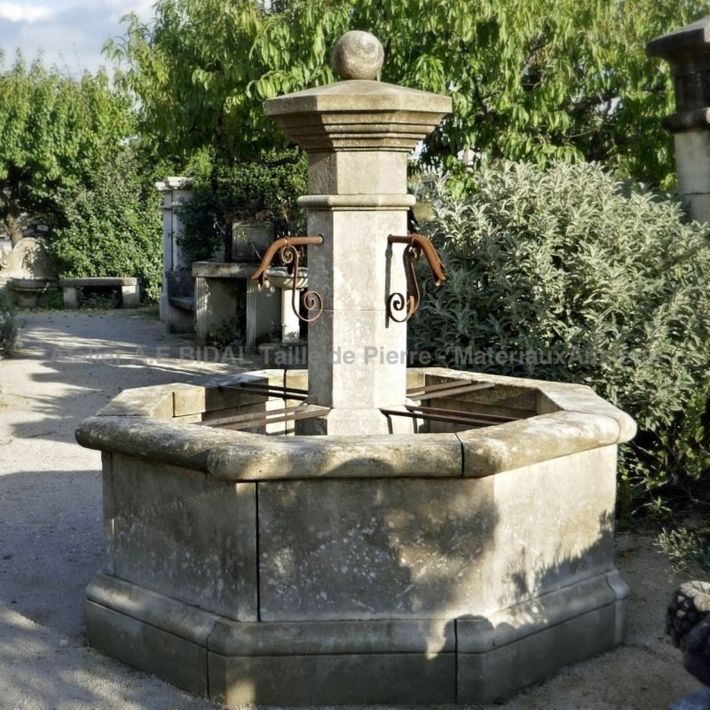 Central octagonal fountain in Avy stone aged and patined